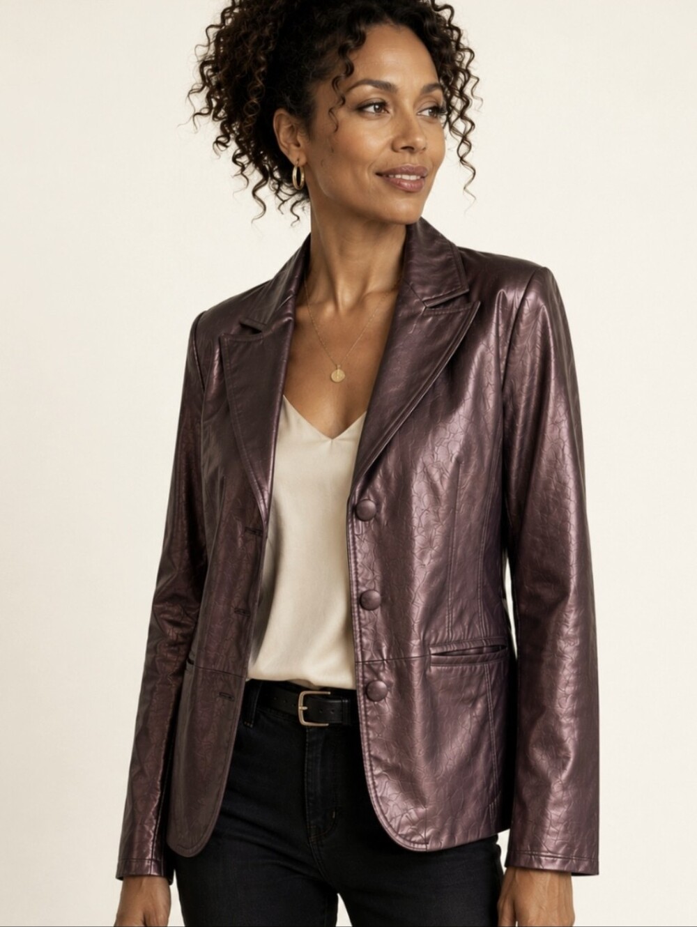 Bernardo Metallic Plum Leather Jacket Copper Sheen Blazer Career L